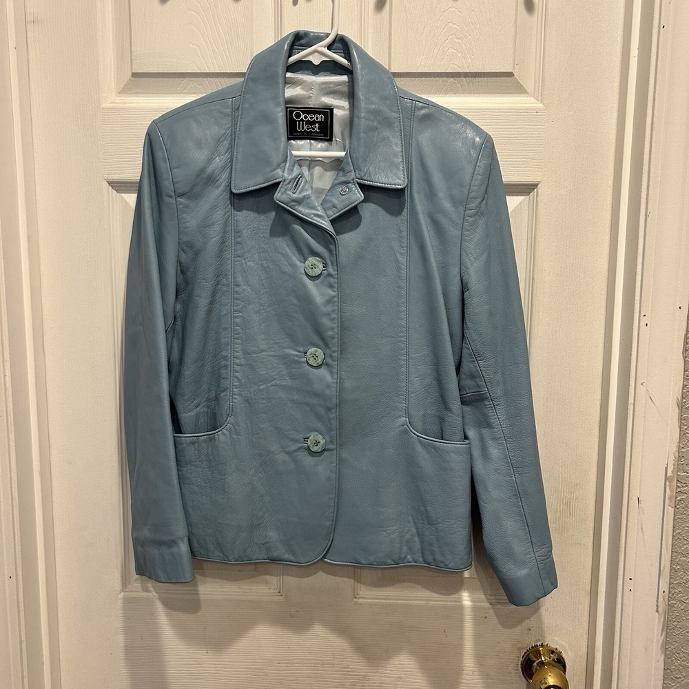Ocean West Womens Light Blue Leather Blazer Jacket Made in Canada Vintage Medium